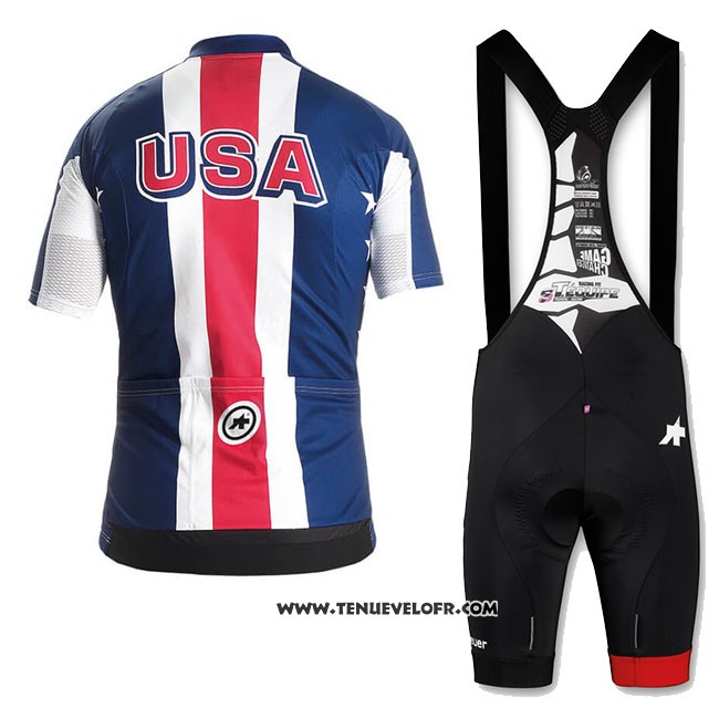 2018 Maillot Ciclismo USA Bleu Rouge Blanc Manches Courtes et Cuissard